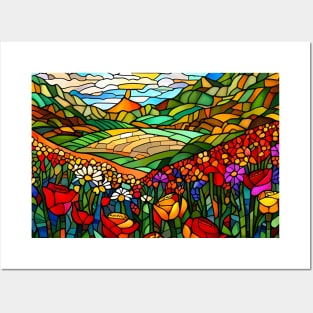 Stained Glass Colorful Mountain Flowers Posters and Art